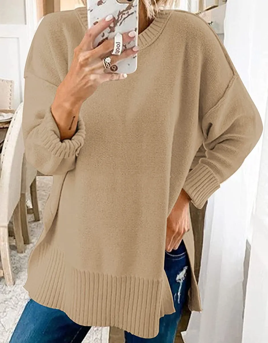 Women With Round Neck Long Sleeves And Slit Sweaters