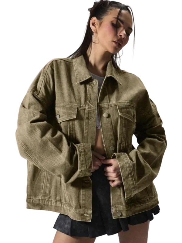 Women's Plain Button Front Drop Shoulder Denim Coat, Casual Fitted Long Sleeve Collared Pocket Outerwear for Daily Wear