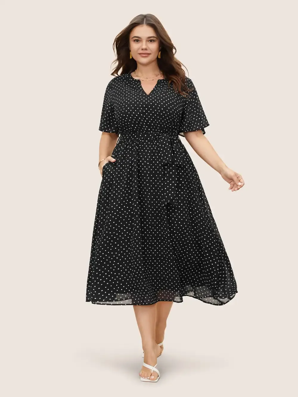 Chiffon Polka Dot Ruffle Sleeve Dress