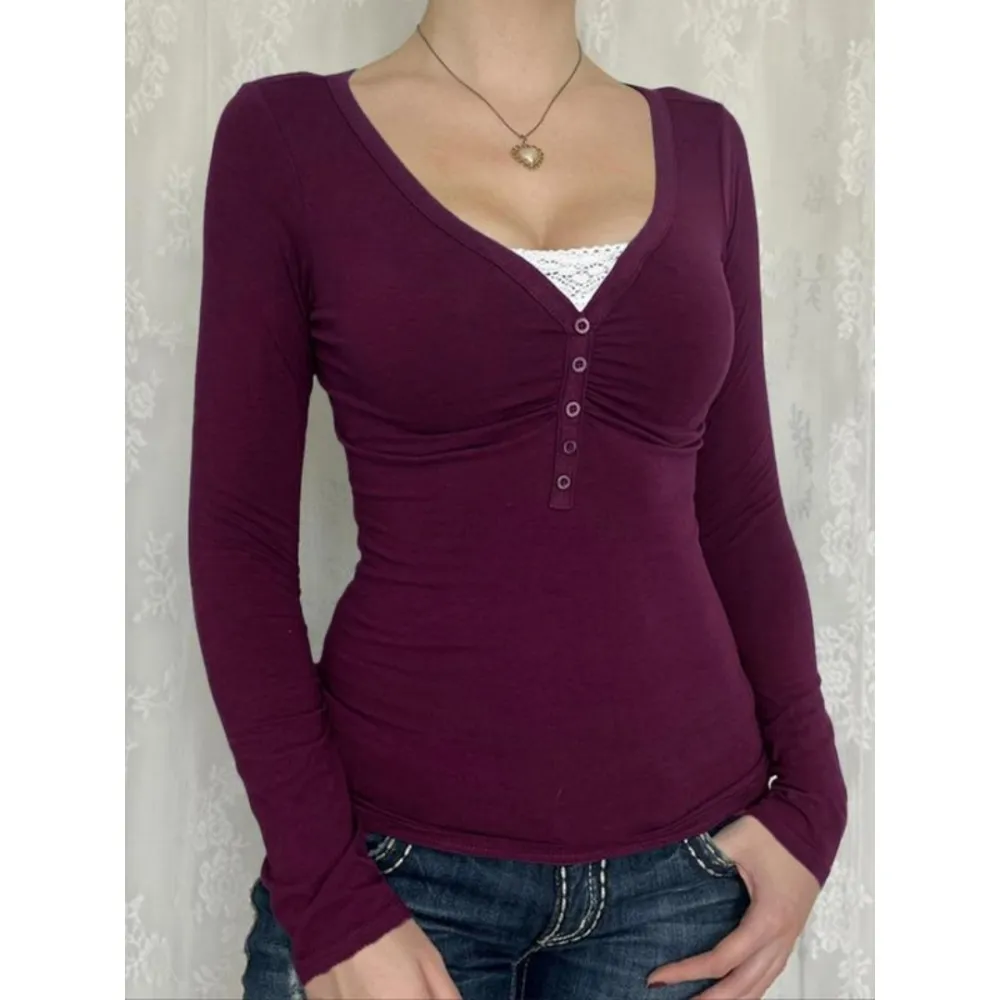 Women's Contrast Lace Button V Neck Tee