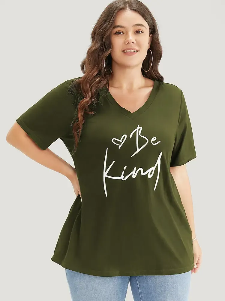 Letter & Heart Print V Neck T-shirt