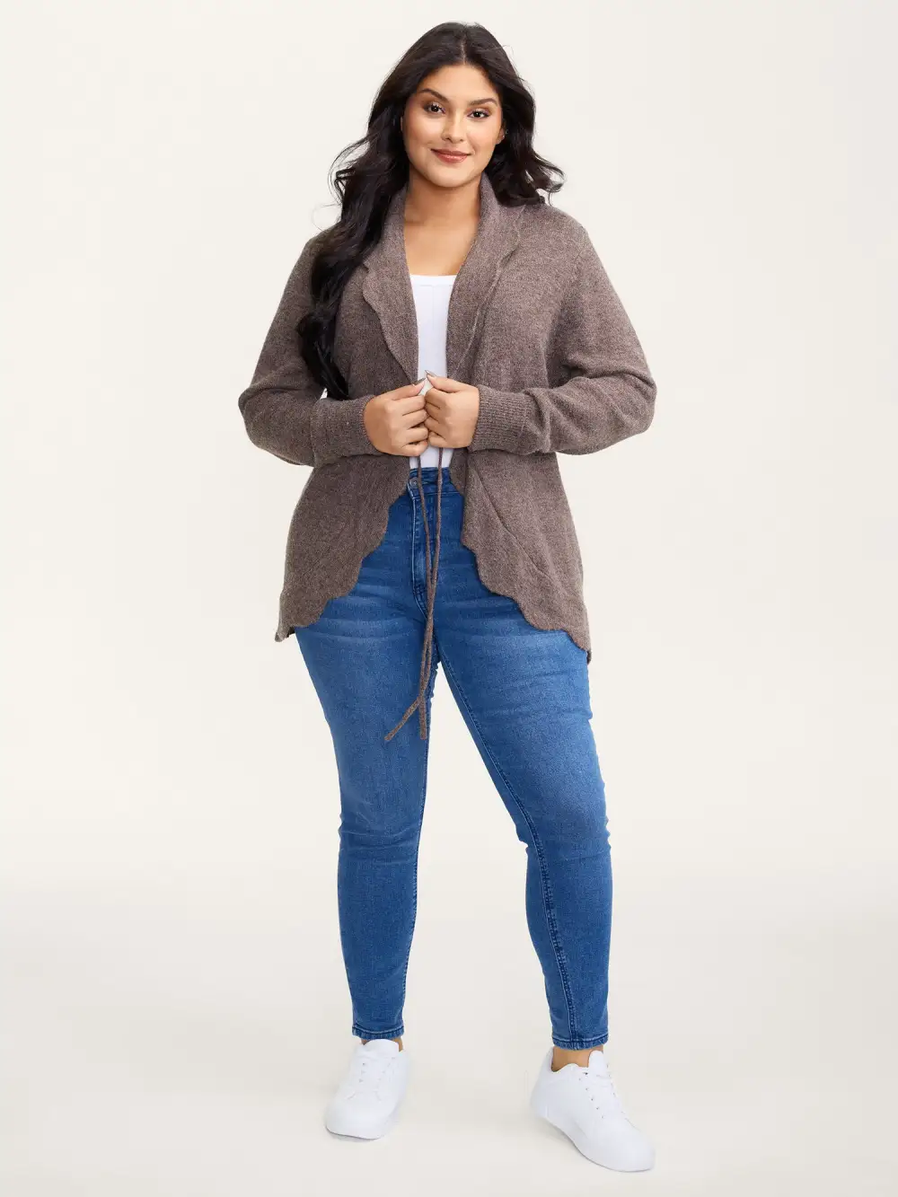 Wavy Arc Hem Tie-Front Knit Cardigan