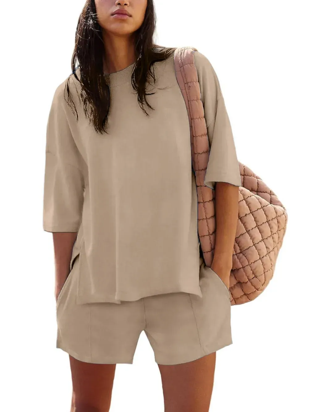 ✨2025 NEW Trendy Casual Solid Color Suit with Slit Top and Shorts