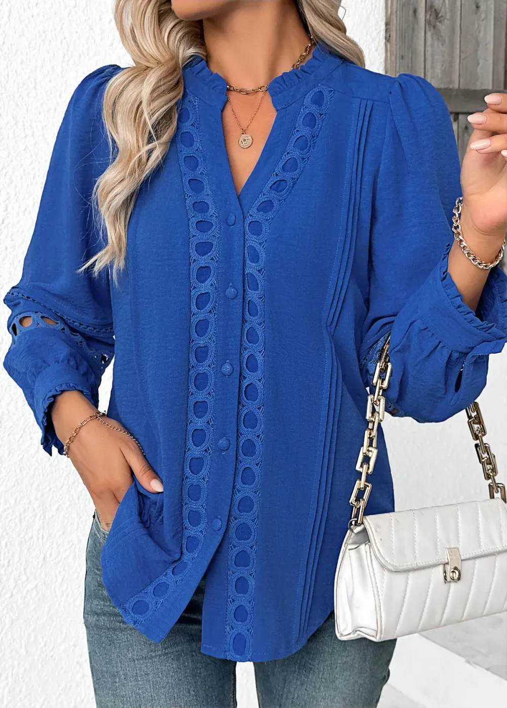 Royal Blue Tummy Coverage Long Sleeve Stand Collar Shirt