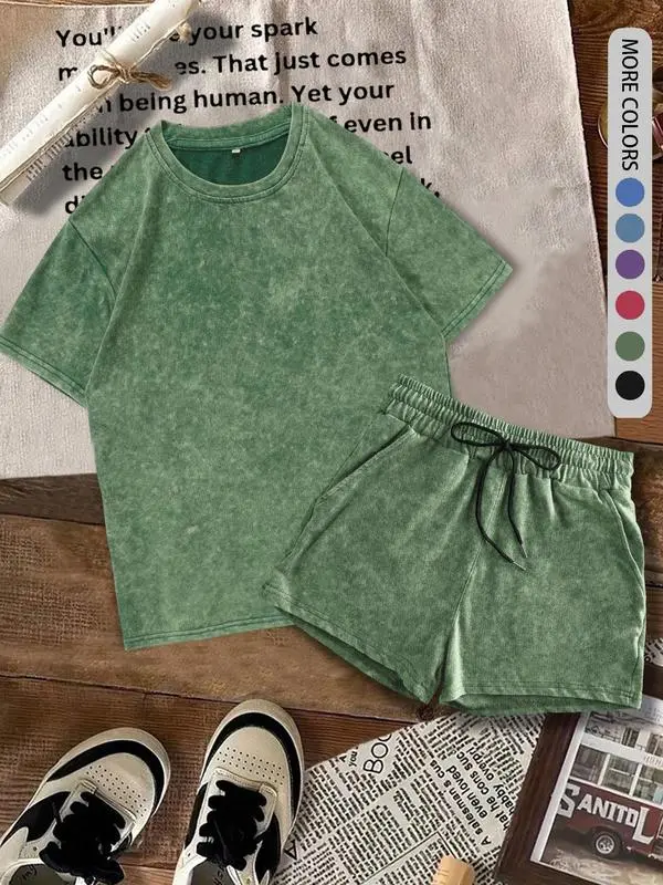 Women's Solid Tee & Denim-Print Shorts – Casual Summer Outfit for Daily Wear