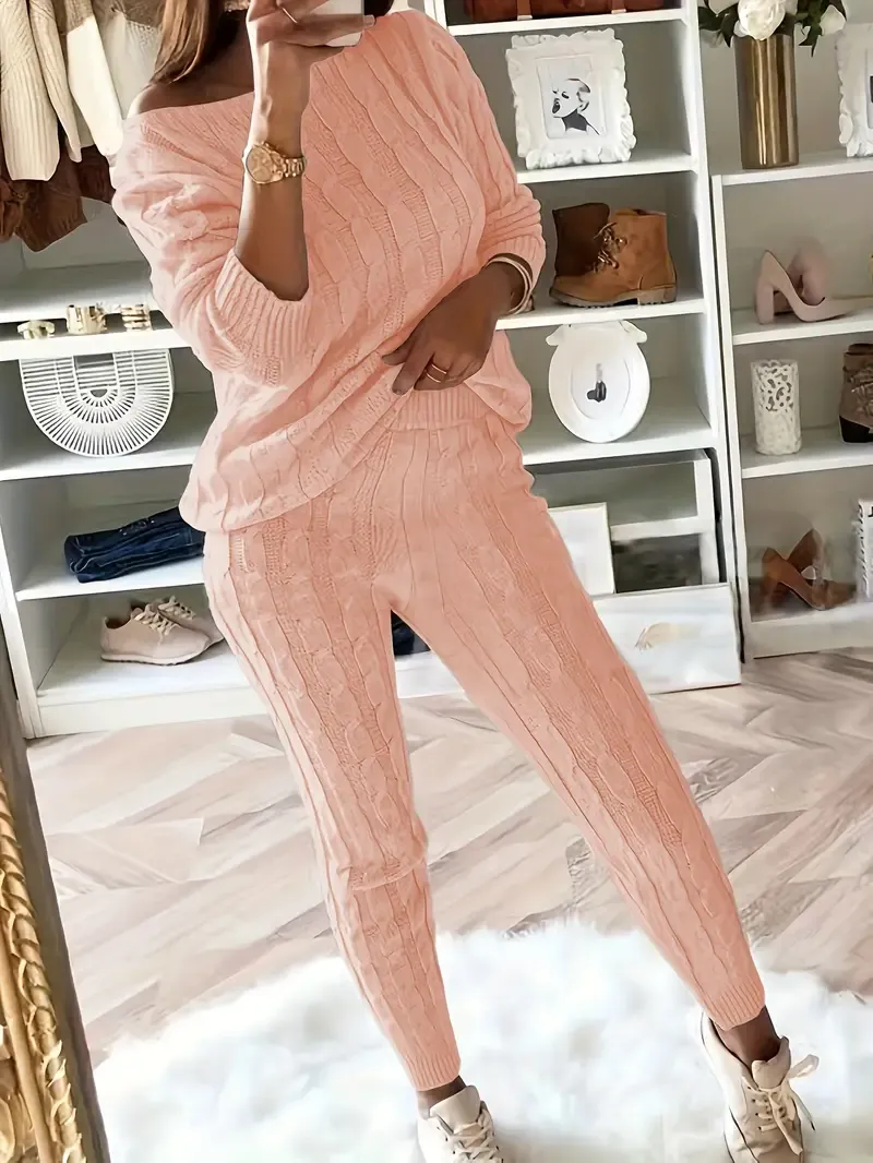 Solid Knitted Matching Two-piece Set, Casual Long Sleeve Sweater & Pants Outfits, Women's Clothing
