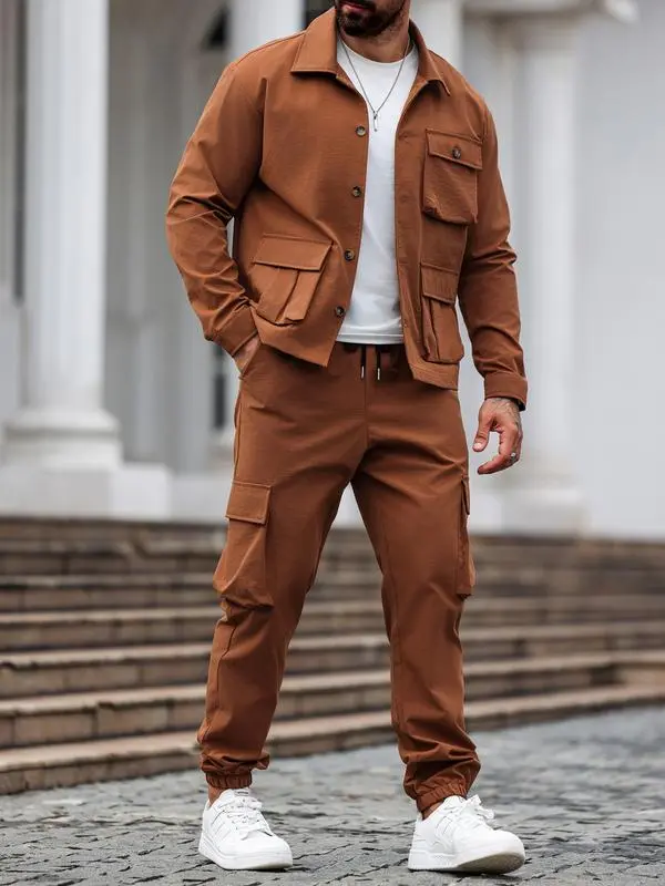 Men's Solid Color Pocket Button Front Jackets & Pants Two-Piece Set