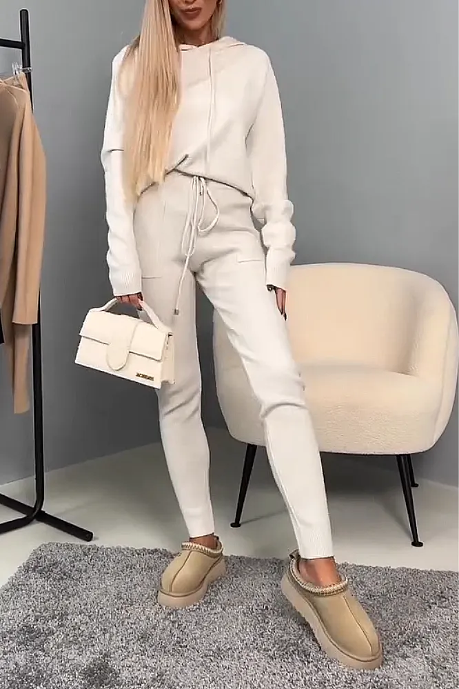 Women's solid color knitted top and pants two-piece set