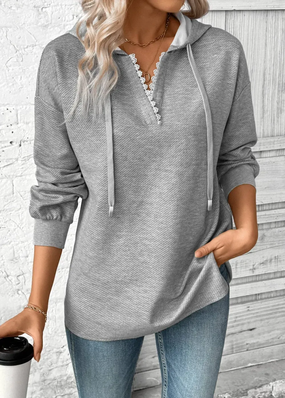 Grey Embroidery Jacquard Long Sleeve Hoodie