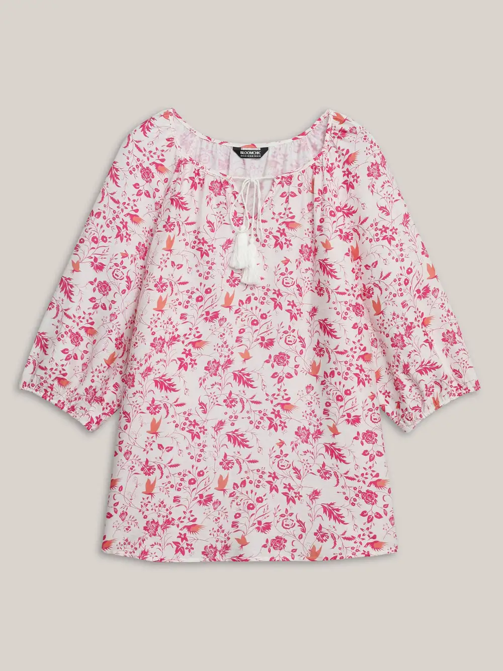 Silhouette Floral Print Neck Tassels Blouse