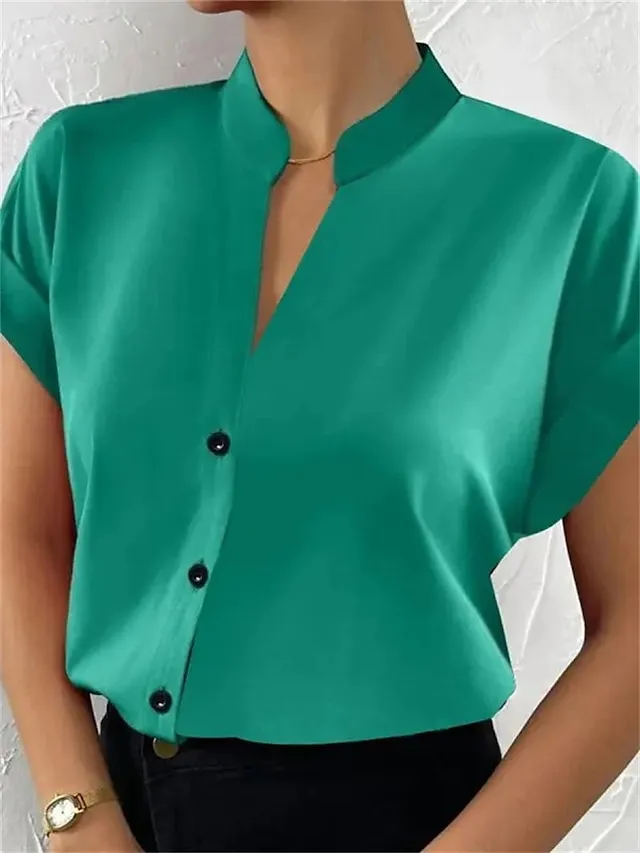 Women's Shirt Blouse Orange red Black White Plain Button Short Sleeve Work Fashion Business Elegant Standing Collar Regular Fit