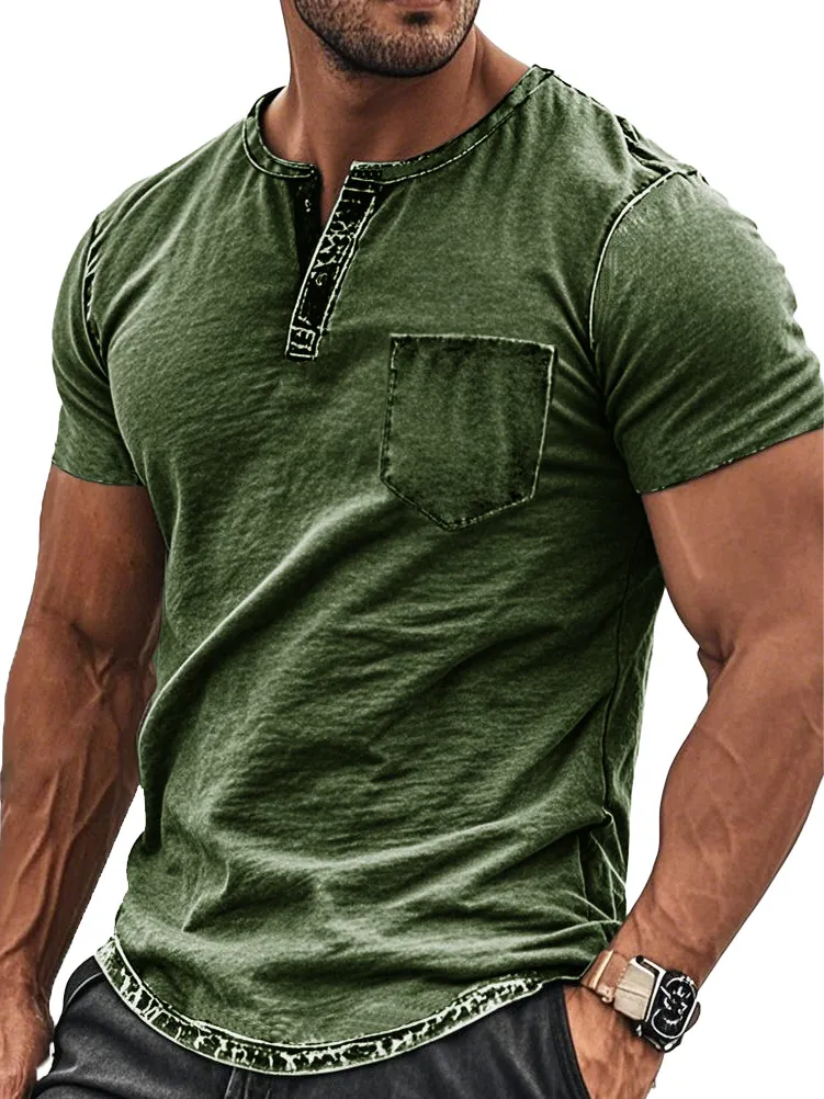 Men's Fashion Retro Distressed Pocket Short-sleeved Henley Shirt