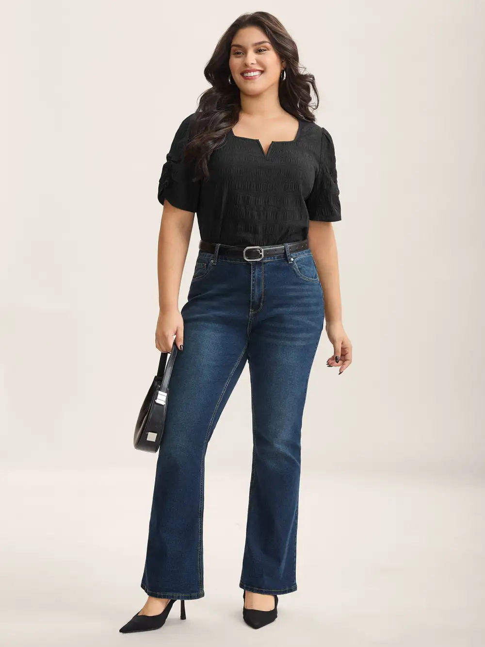 Textured Gathered Sleeve Split Neck Blouse