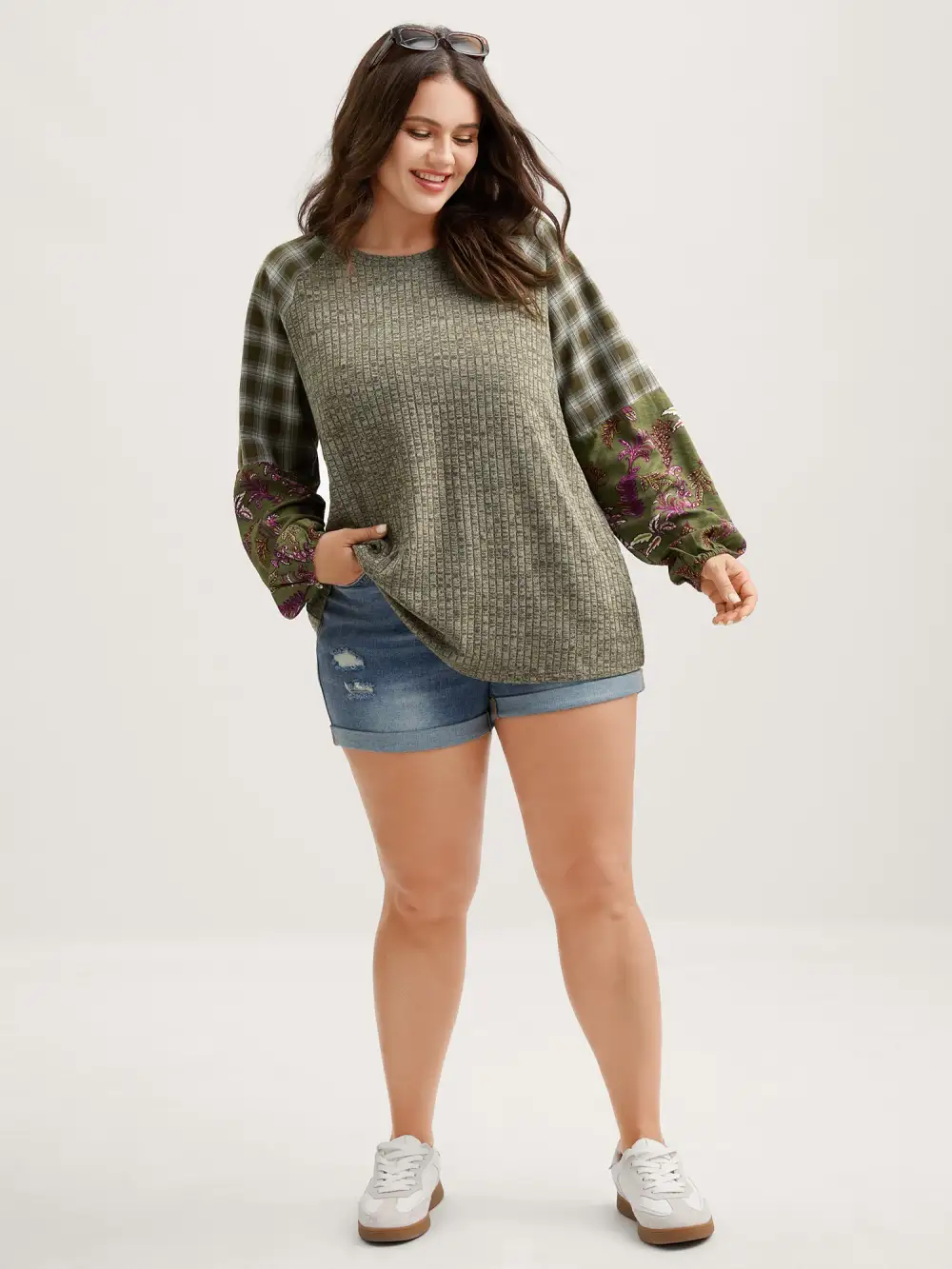 Plaid Sleeve Color Contrast Textured Sweatshirt