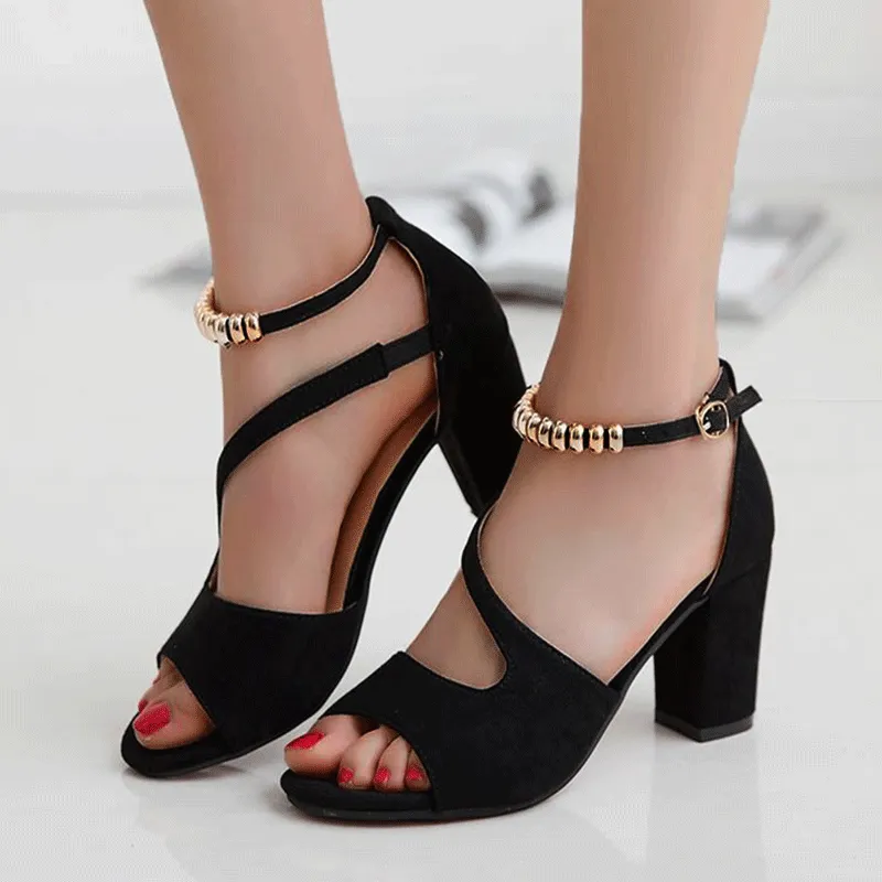 Beaded buckle block heel sandals