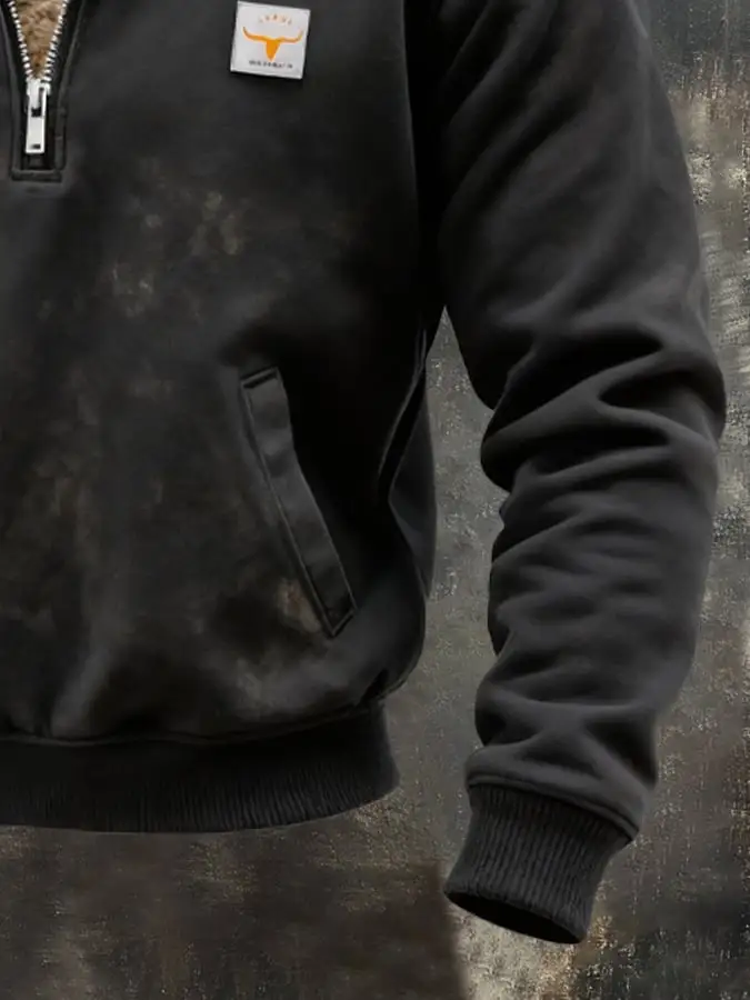 Men's Vintage Suede Leather Stitching Plush Warm Zip-Up Sweatshirt