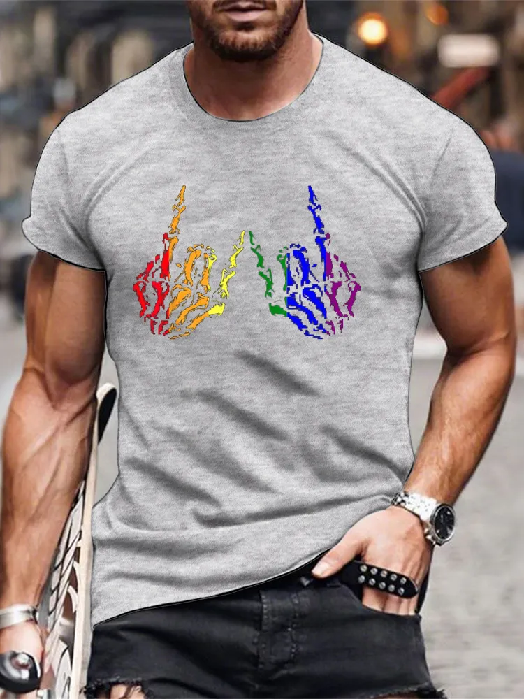 Men'S T-Shirt Skeleton Rock Hand LGBT Q Gay Pride Rainbow Flag Ally T Shirt