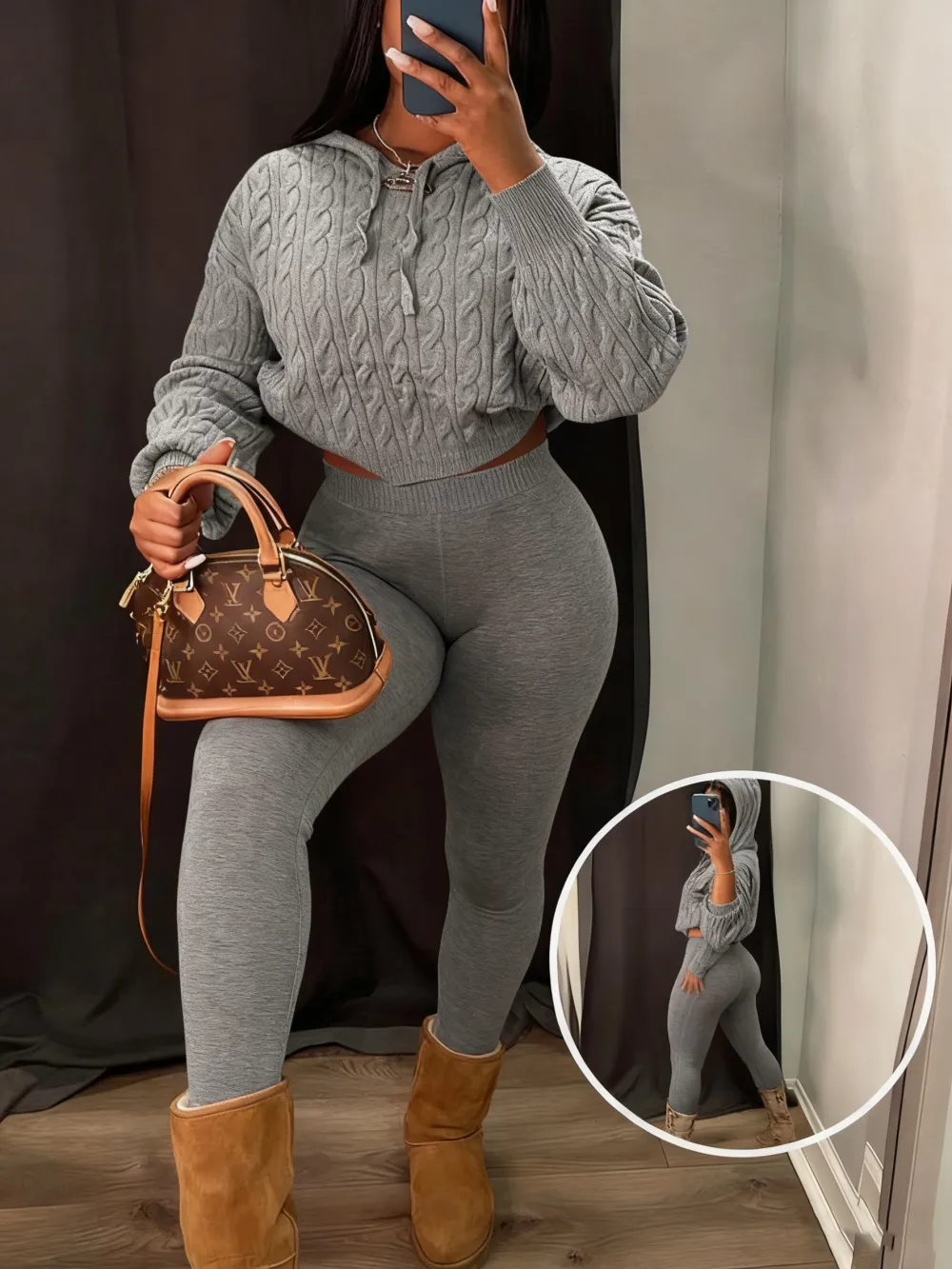 Two-piece Set Women's Solid Drop Shoulder Cable Knit Crop Sweater & High Waist Pants