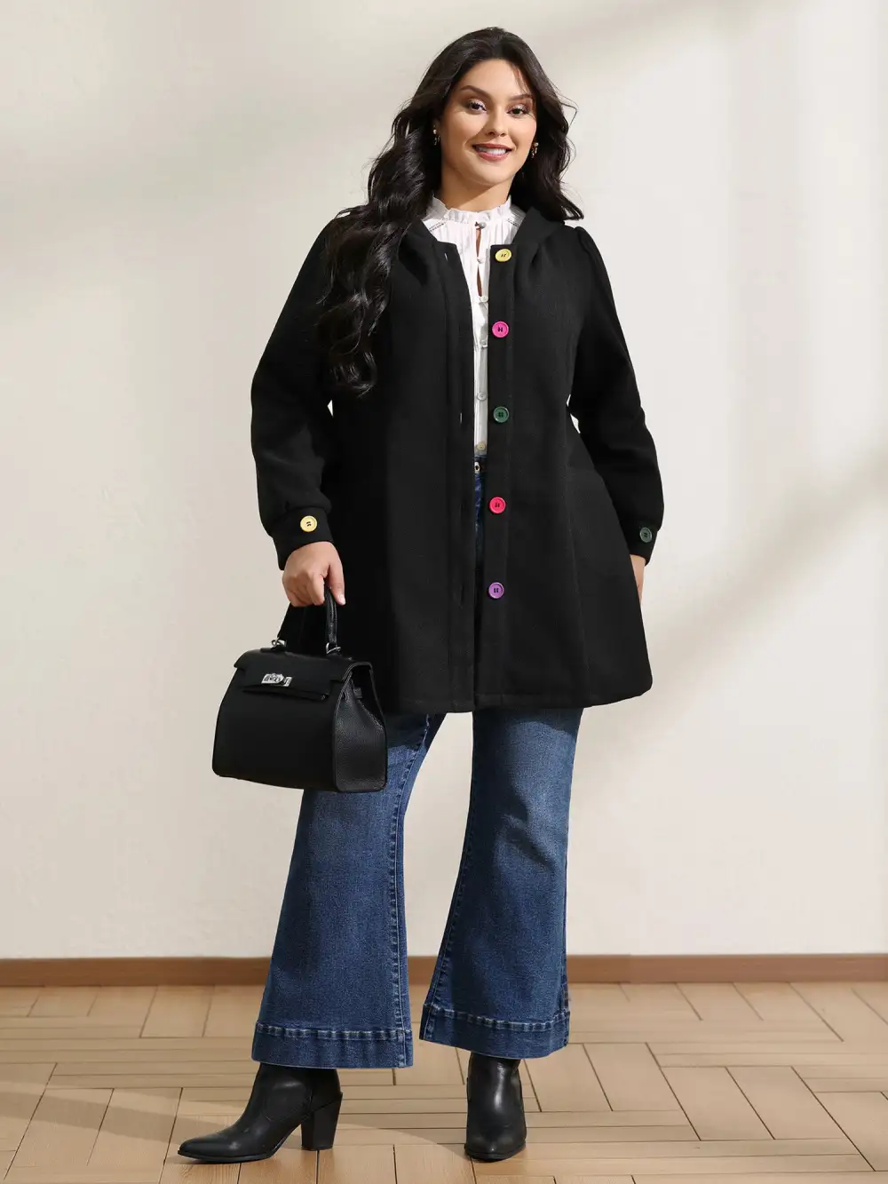 Colorful Buttons Hooded Pocket Coat