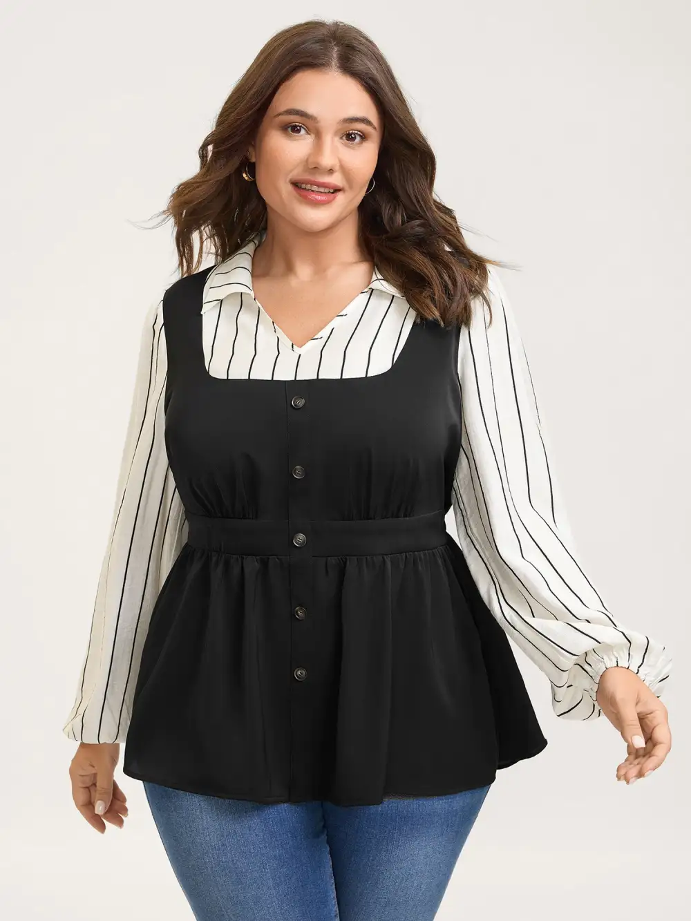 2-in-1 Button Vest Striped Blouse
