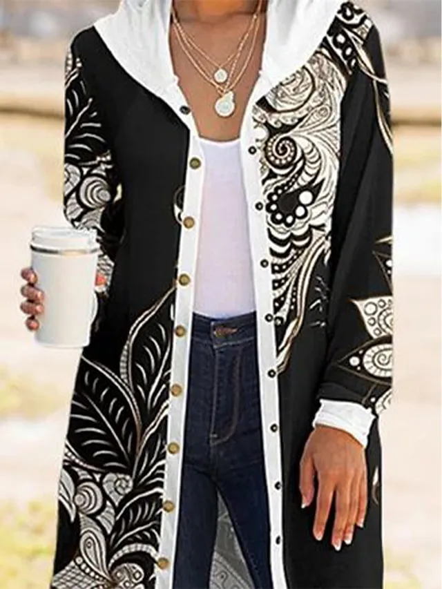 Women's Casual Jacket Hoodie Jacket Floral Print Wear Fall Winter Long Coat Regular Fit Windproof Breathable Casual Daily Street Style Jacket Long Sleeve with Pockets Party Street Daily Print Black