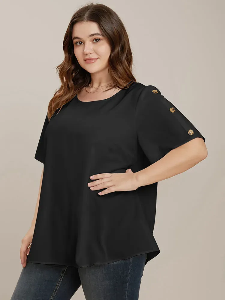 Plain Round Neck Button Detail Blouse