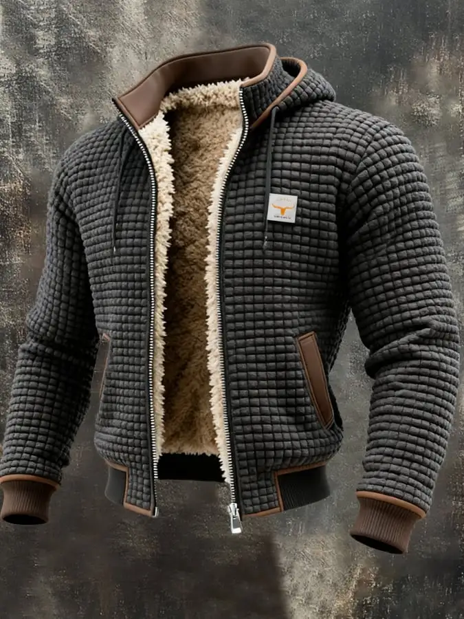 Men's Retro Textured Square Check Double Collar Warm Multi-pocket Outdoor Jacket