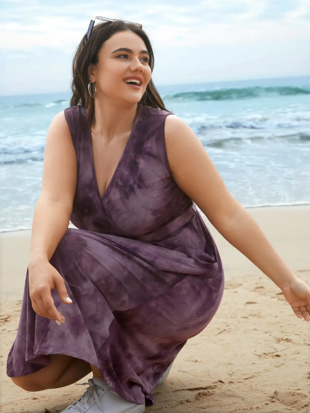 Tie-Dye Surplice Neck Curved Hem Midi Dress