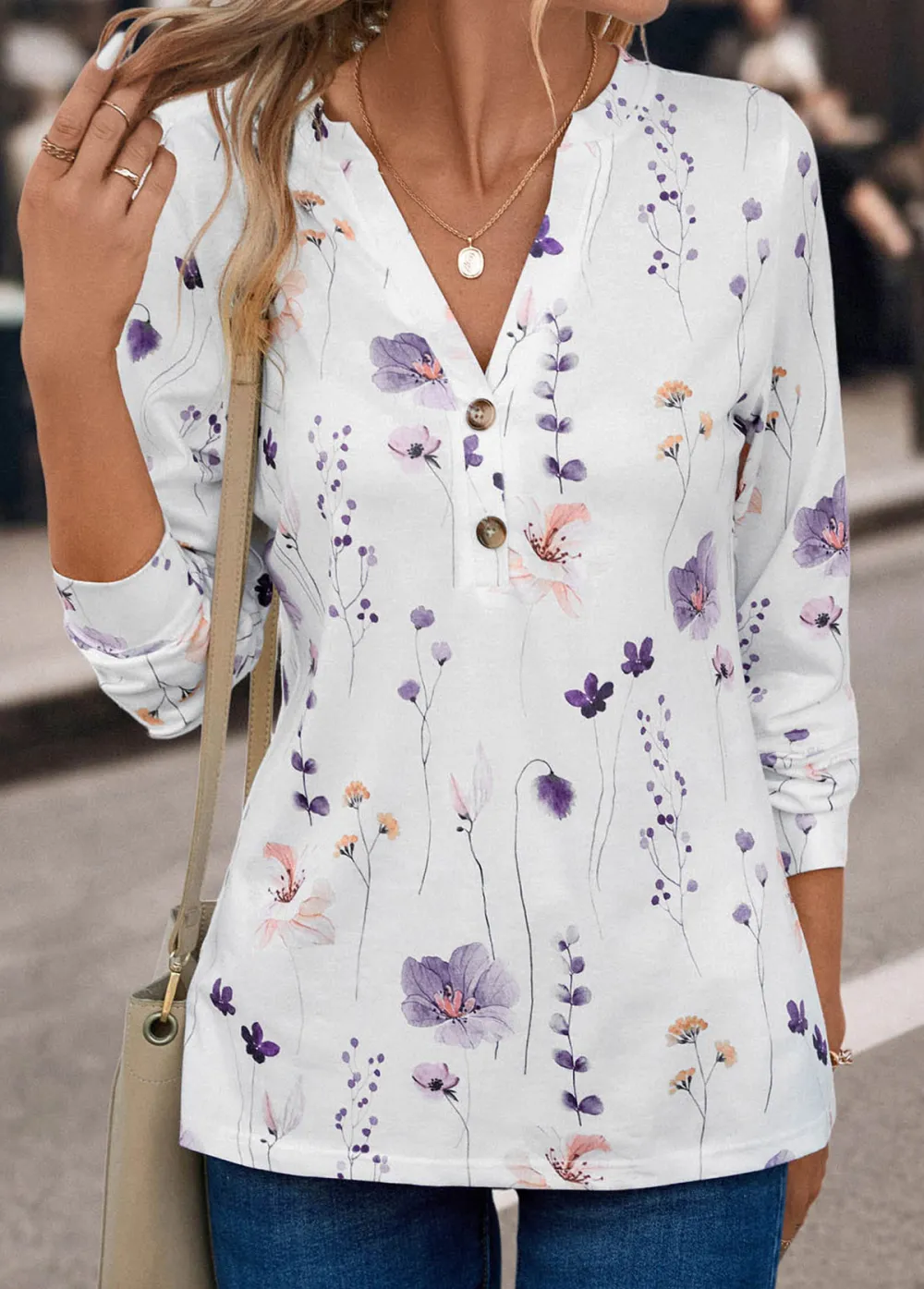 White Button Floral Print Long Sleeve T Shirt