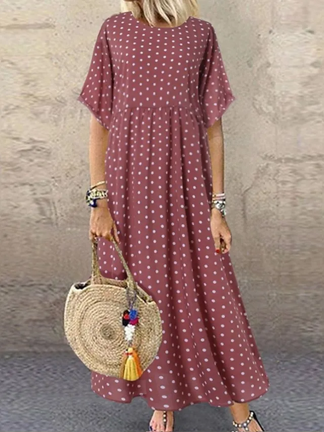 Women's Casual Dress Swing Dress Polka Dot Dress Long Dress Maxi Dress Green Blue Yellow Short Sleeve Polka Dot Print Spring Summer Crew Neck Basic Daily Weekend Loose Fit 2023 L XL XXL 3XL 4XL 5XL