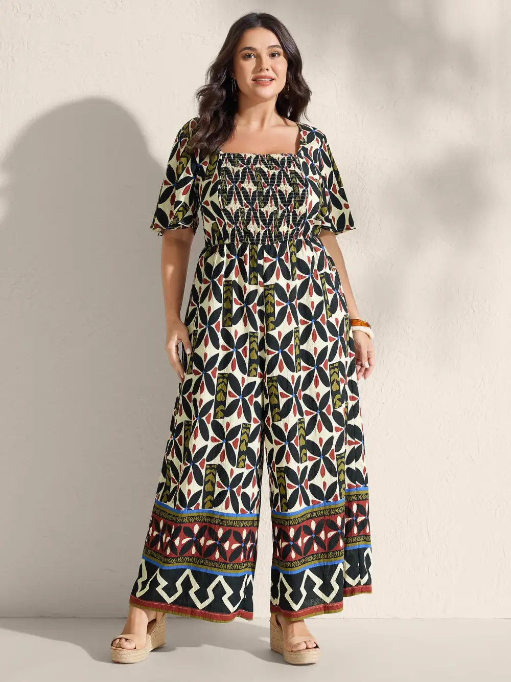Retro Chic Print Shirred Bodice Jumpsuit