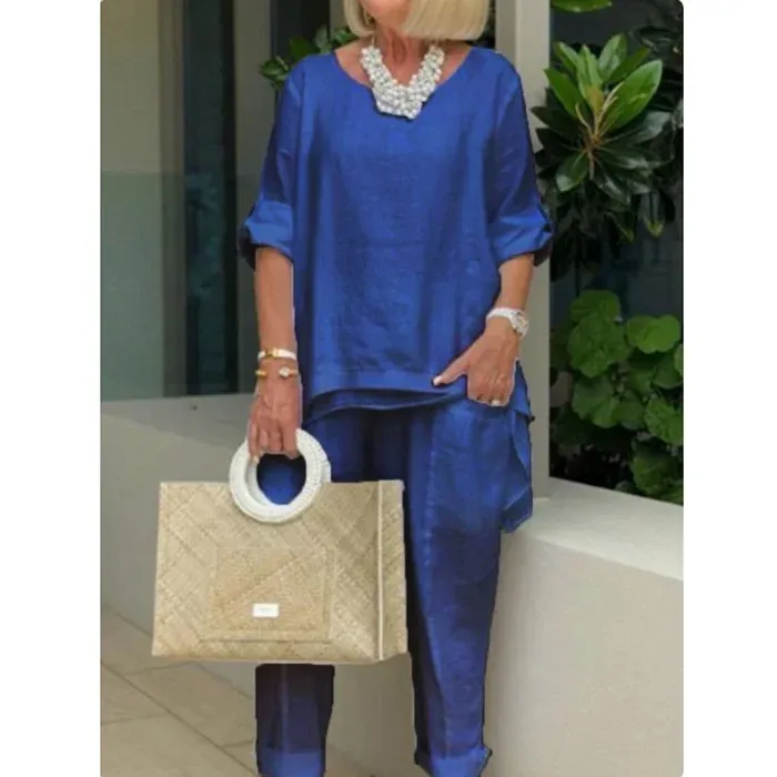 Women's Casual Solid Linen Sleeve Top Slacks Suit