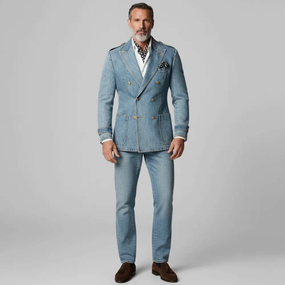 Men's Light Blue Denim Peak Lapel Double Breasted Patch Pockets Long Sleeve Blazer