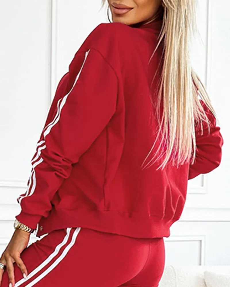 3 Piece Outfits Matching Sets Striped Tape Patch Tank Tops Button Front Jacket Cuffed Pants with Pockets Tracksuit