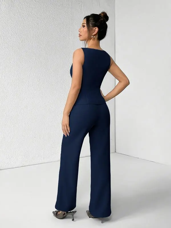 Women's Summer Two-Piece Set – Button Tank Top & Wide Leg Pants