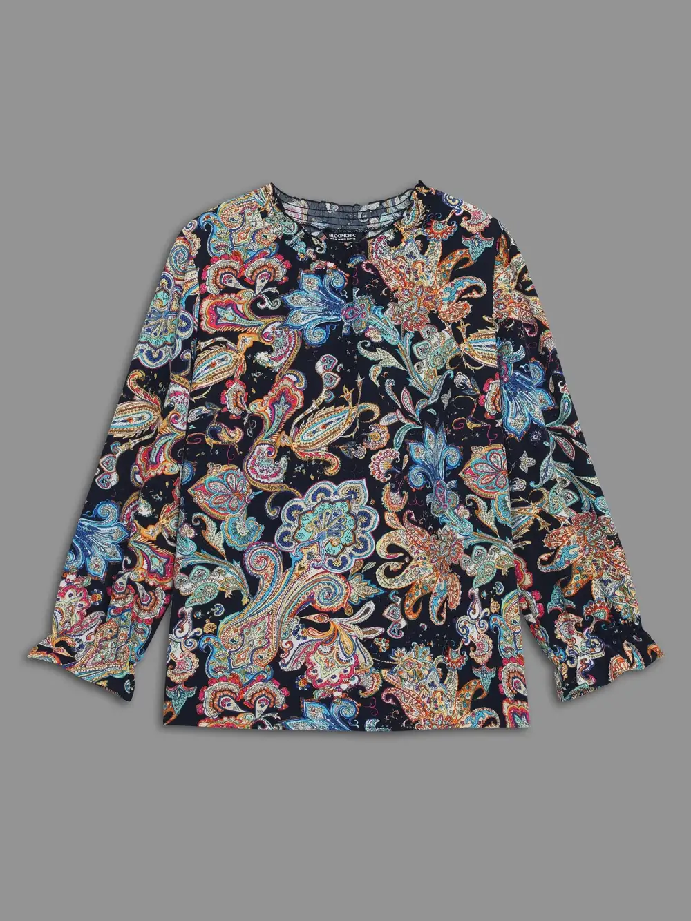 Stand Collar Paisley Shirred Blouse