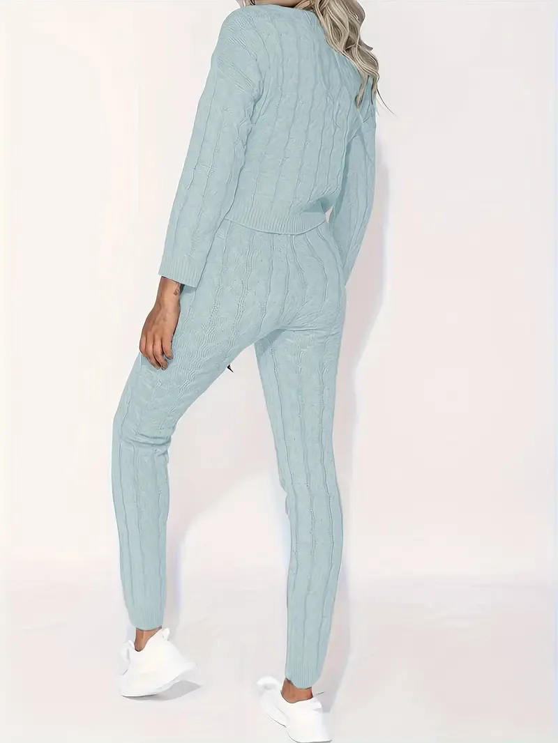 Solid Knitted Matching Two-piece Set, Casual Long Sleeve Sweater & Pants Outfits, Women's Clothing