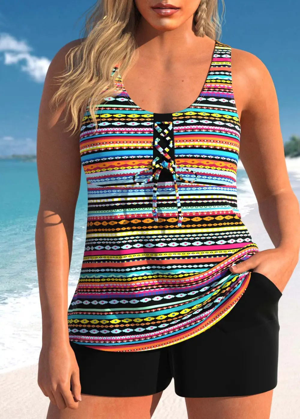 Lace Up Multi Stripe Print Pink Tankini Set