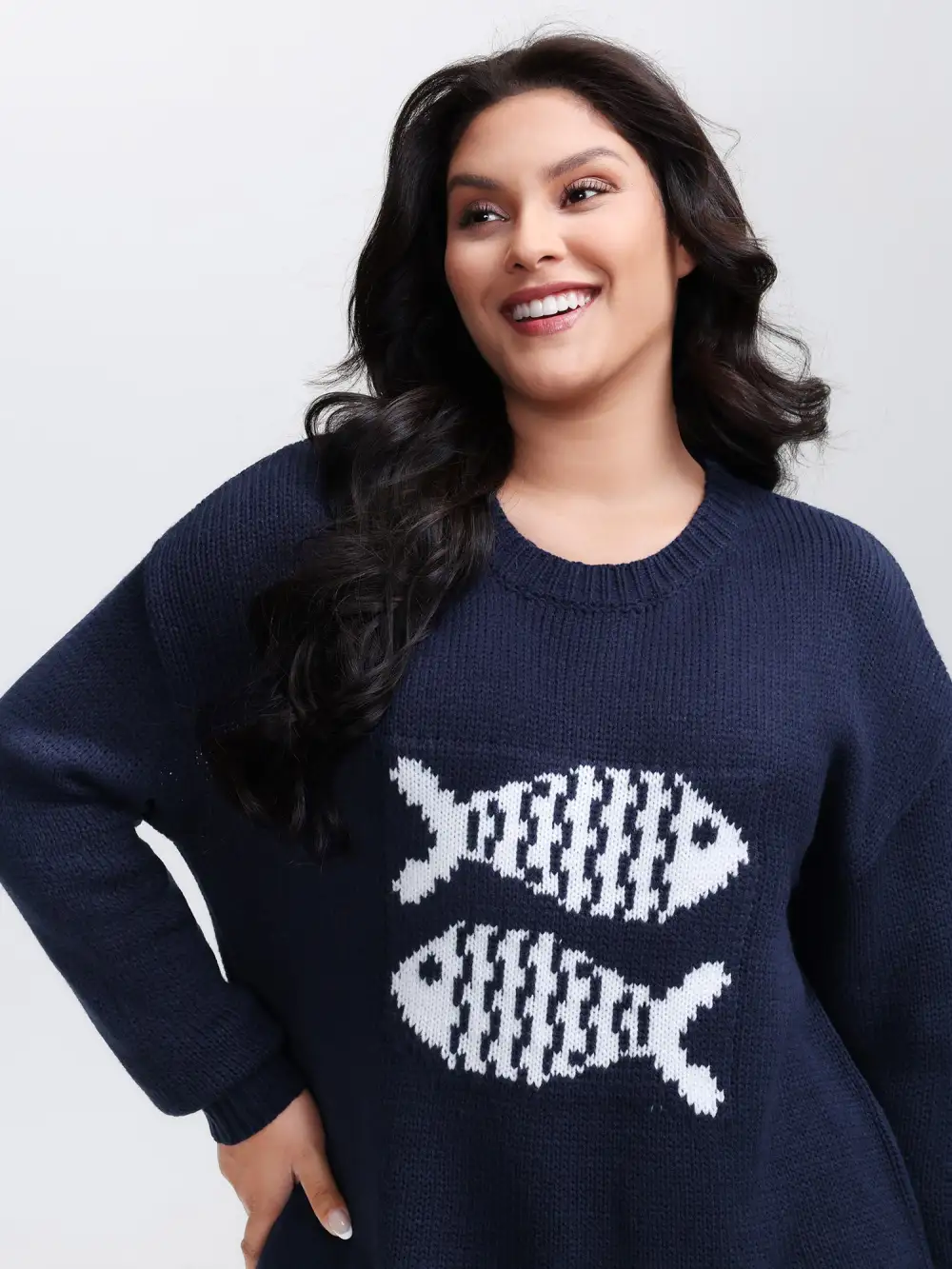 Fish Jacquard Print Round Neck Pullover
