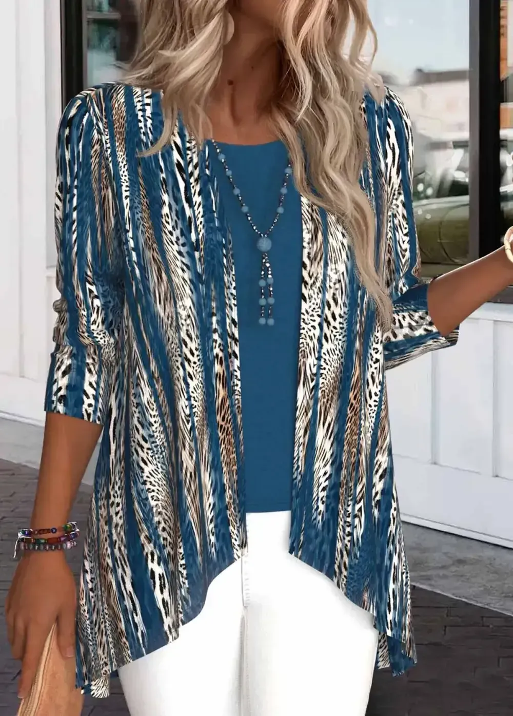 Peacock Blue Leopard Long Sleeve Light Cardigan