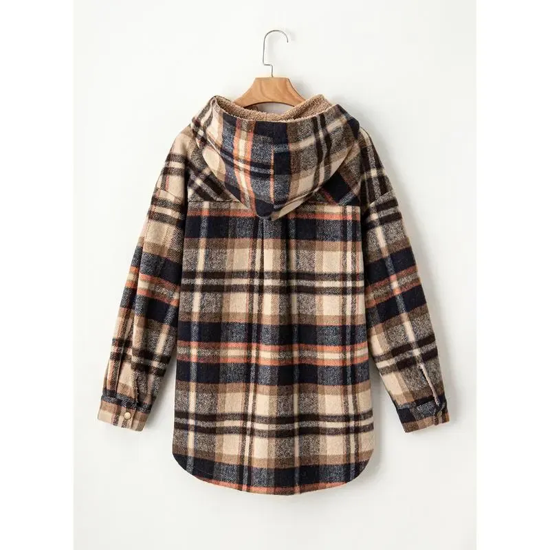 Flannel Hooded Plaid Shacket - Button-Down Thick Fleece-Lined Fuzzy Winter Coat