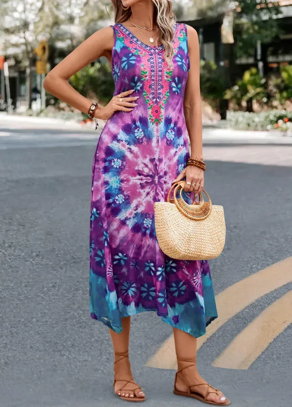 Blue Asymmetry Tie Dye Print H Shape Dress
