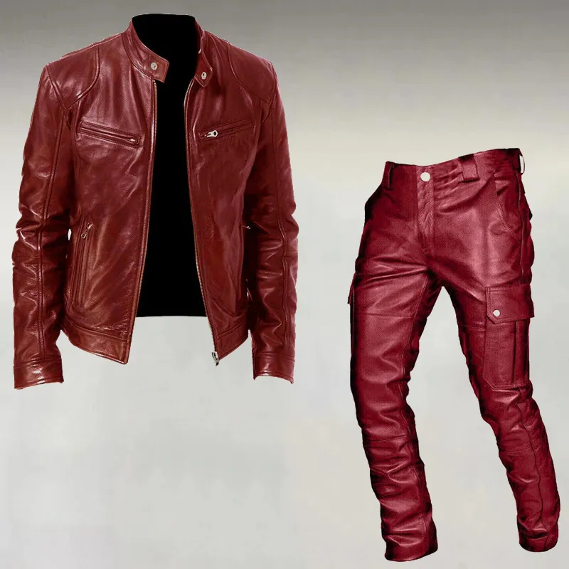 Men's Fashion Casual Stand Collar Zipper PU Leather Jacket & Pocket Pants 2Pcs Set