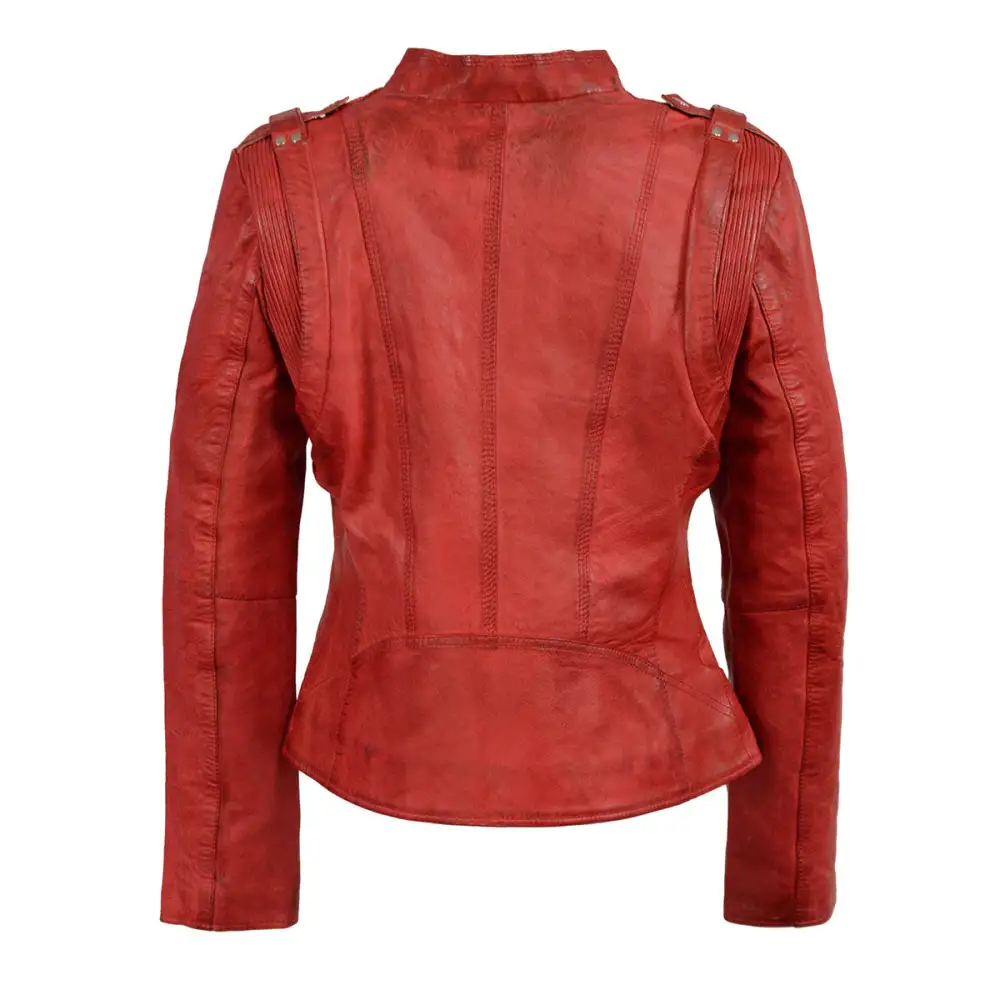 Leather Women's Distressed Red Vegan Leather Motorcycle Style Fashion Jacket SFL2845