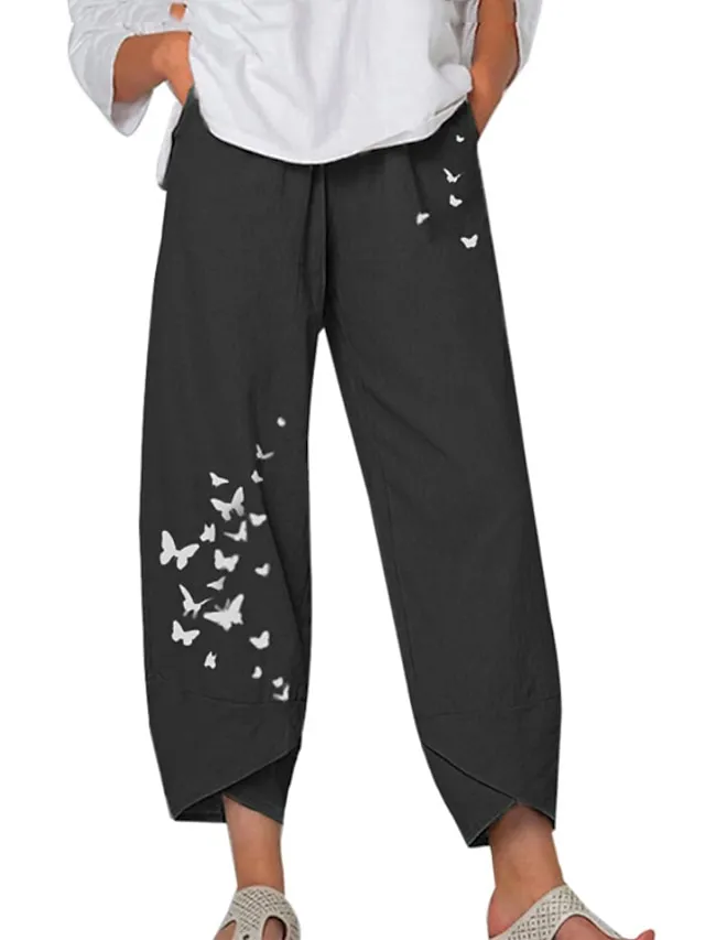 Women's Linen Pants Pants Trousers Capri shorts Ankle-Length Linen / Cotton Blend Baggy Print High Waist Chino Casual Going out Black / Red Light Green S M Spring &  Fall