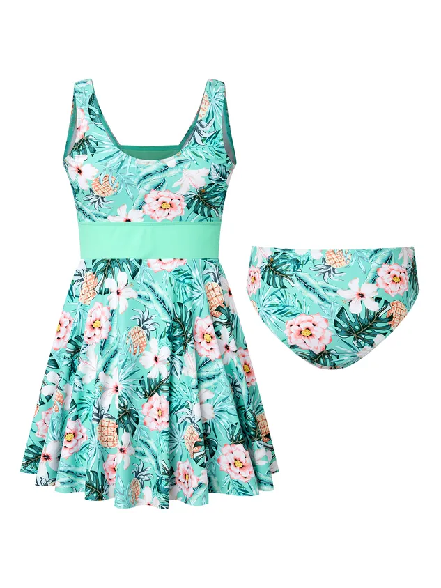 Vacation Floral Printing Scoop Neck Swimdress Two-Piece Set