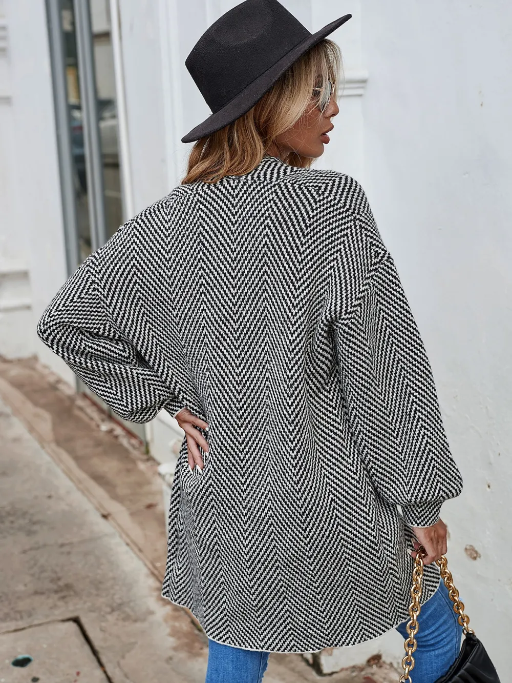 Chevron Pattern Bishop Sleeve Duster Cardigan