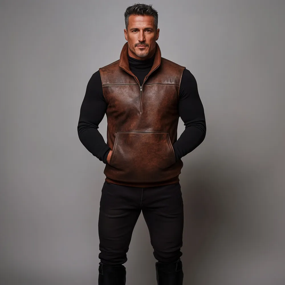 Men's PU Leather High Neck Half Zip Pocket Vest