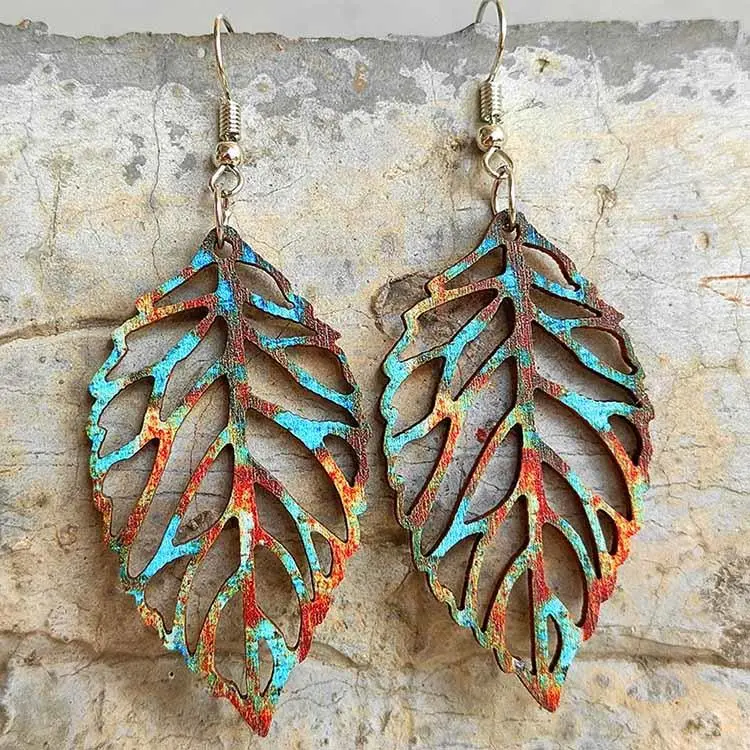 Leaf Tie Dye Hollow Out Hook Earrings