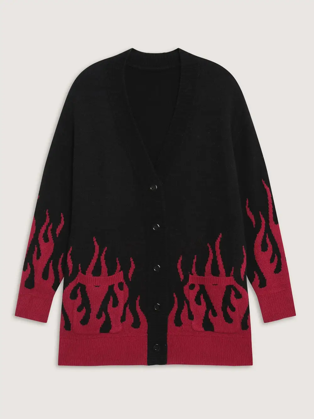 Flame Pattern Ribbed Hem Pockets Knit Cardigan